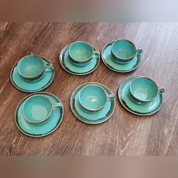 Jaska of California‎ Cascade Ware Blue with Brown Drip Vintage 6 Teacups Saucers - Picture 3 of 13